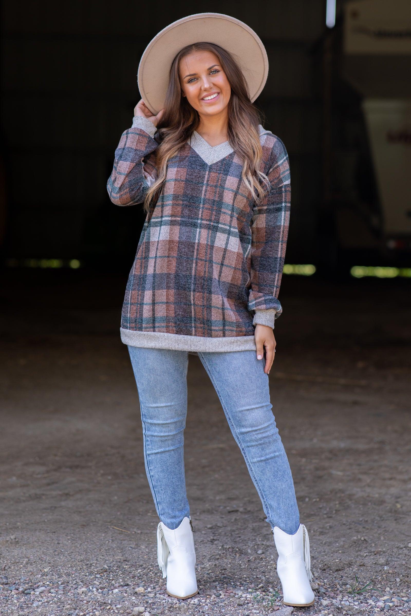 Brown and Cognac Plaid V-Neck Tunic Product Image