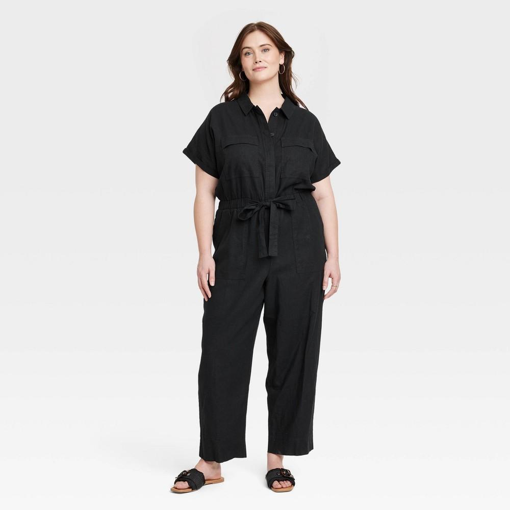 Womens Short Sleeve Linen Boilersuit - Universal Thread Black 18 Product Image