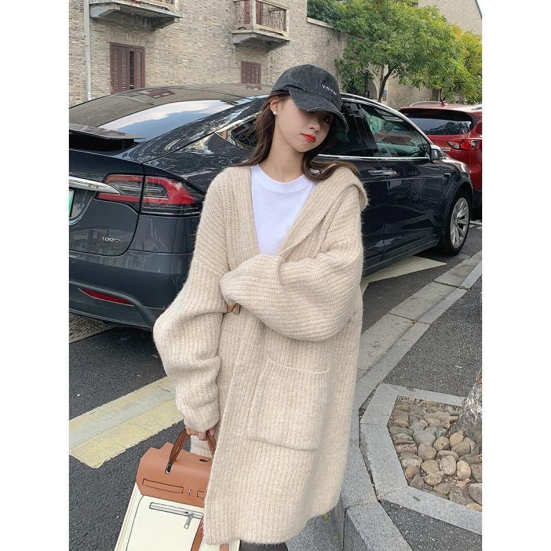 Hooded Ribbed Long Open Front Cardigan Product Image