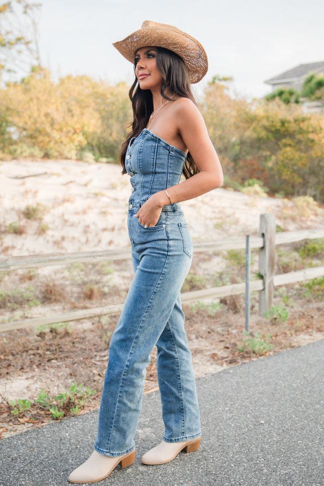 Country Roads Sweetheart Denim Jumpsuit Product Image