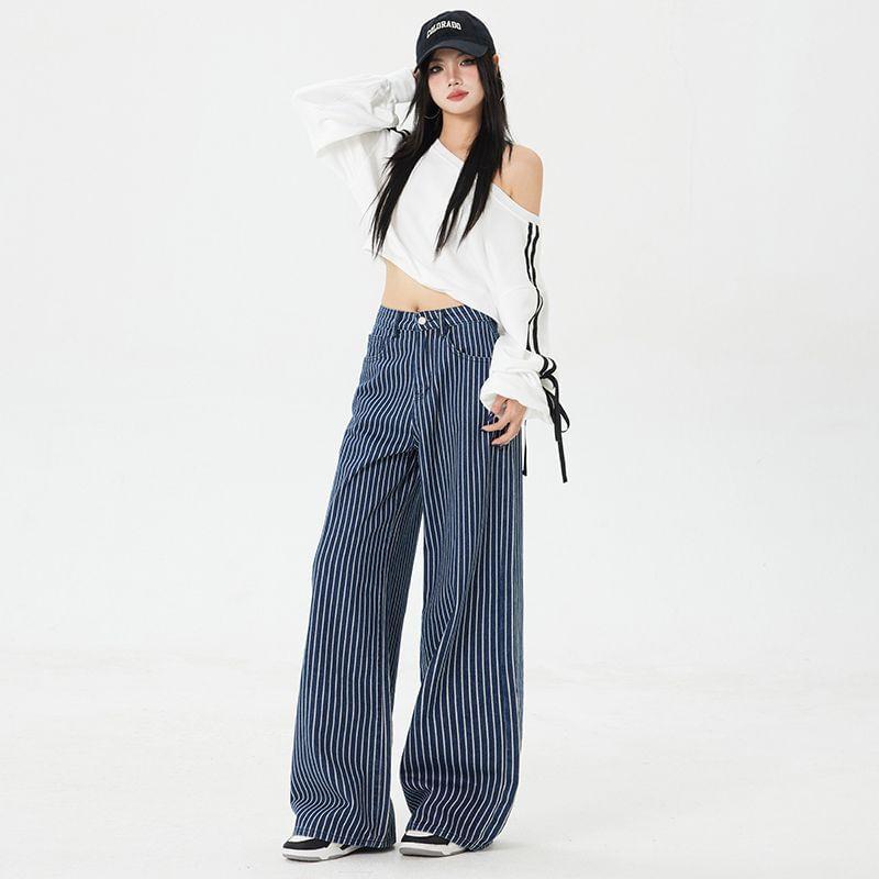 High Rise Striped Wide Leg Pants (Various Designs) Product Image