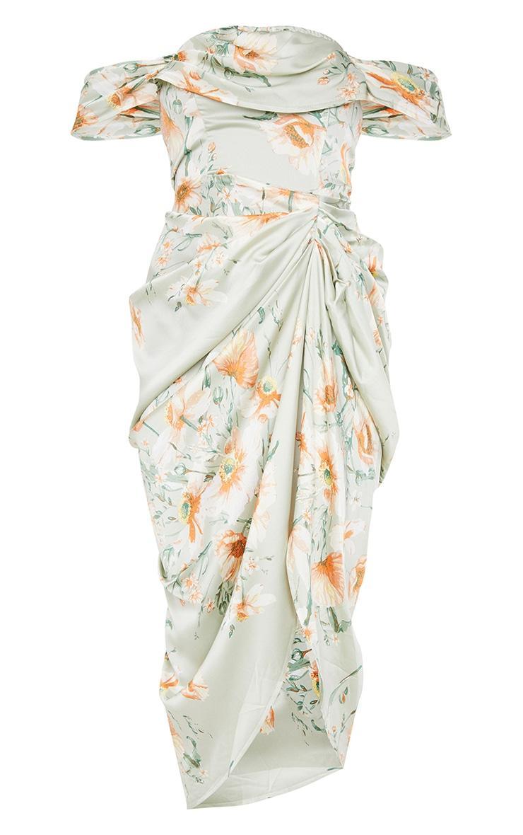 Sage Green Floral Print Satin Draped Bardot Midi Dress Product Image