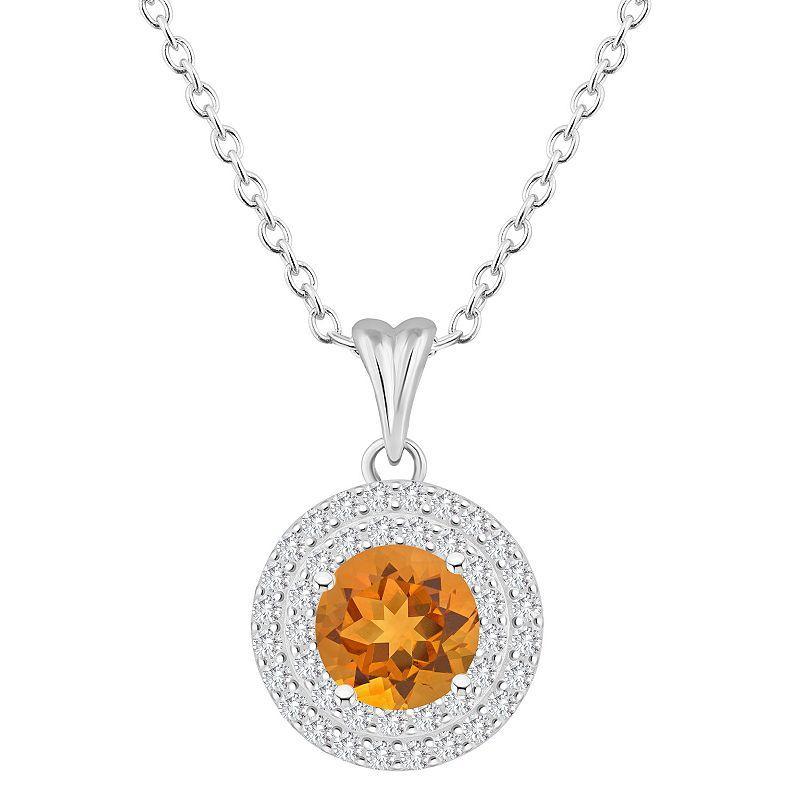 Celebration Gems Sterling Silver Round-Cut Citrine & White Topaz Double Halo Pendant Necklace, Womens Product Image