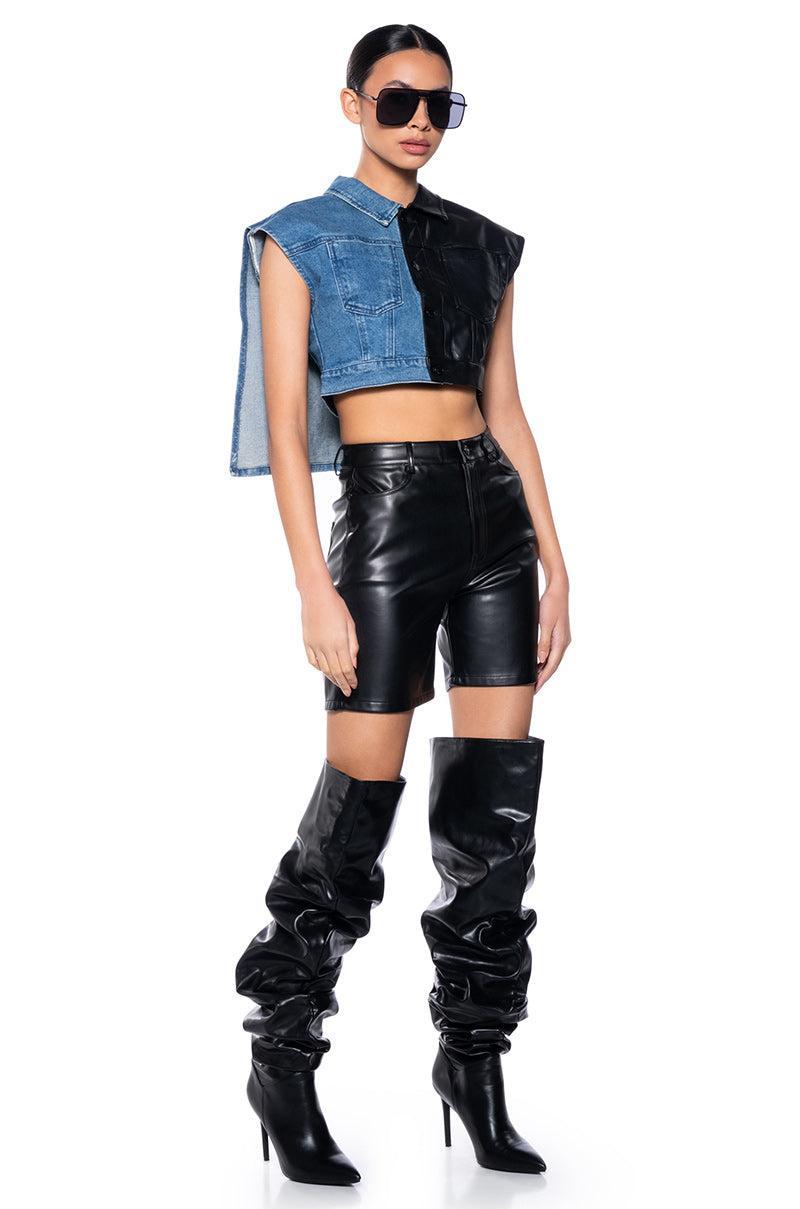 LOW RIDER HALF PU CROP DENIM VEST WITH CAPE Product Image