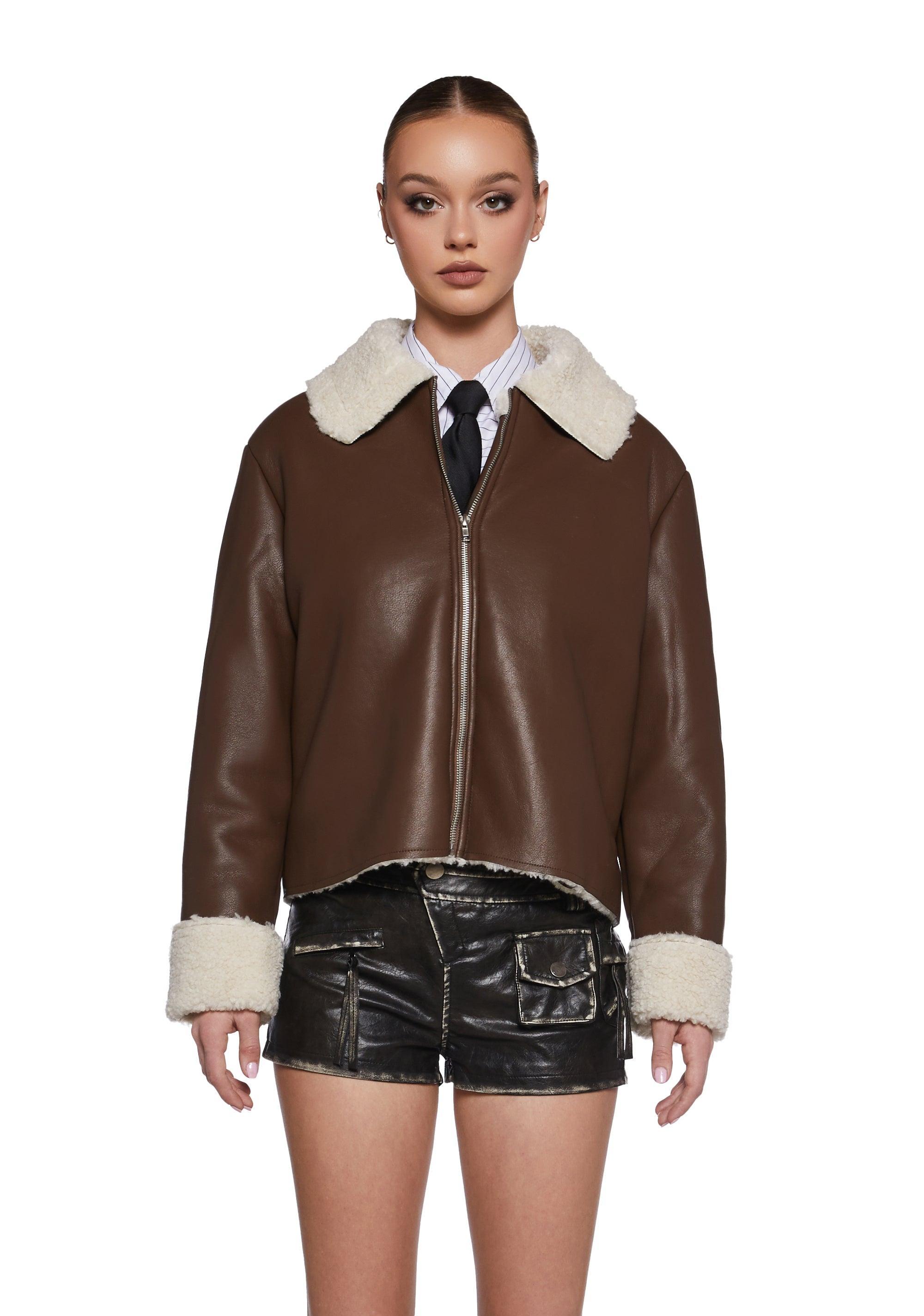 Womens Sexy Vegan Leather Coat With Faux Fur Trim - Brown Product Image