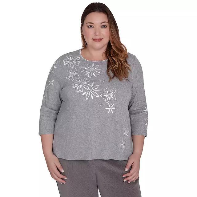 Plus Size Alfred Dunner Diagonal Flower Embroidered Crewneck Top, Womens Silver Product Image