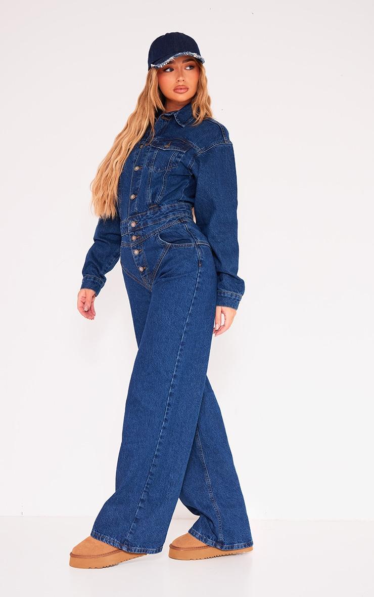 Indigo Blue Wash Seam Detail Button Up Denim Jumpsuit Product Image