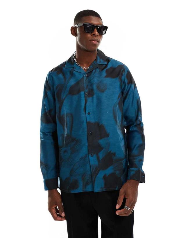 ASOS DESIGN relaxed revere shirt with faded floral print in blue  Product Image