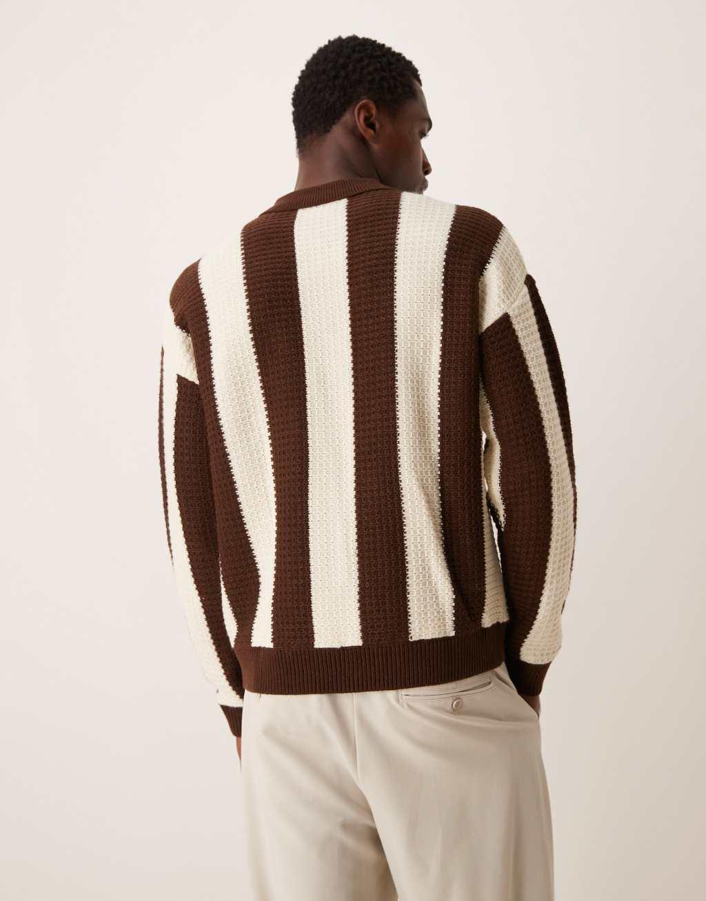 ASOS DESIGN relaxed boxy fit knit polo sweater in brown stripe Product Image