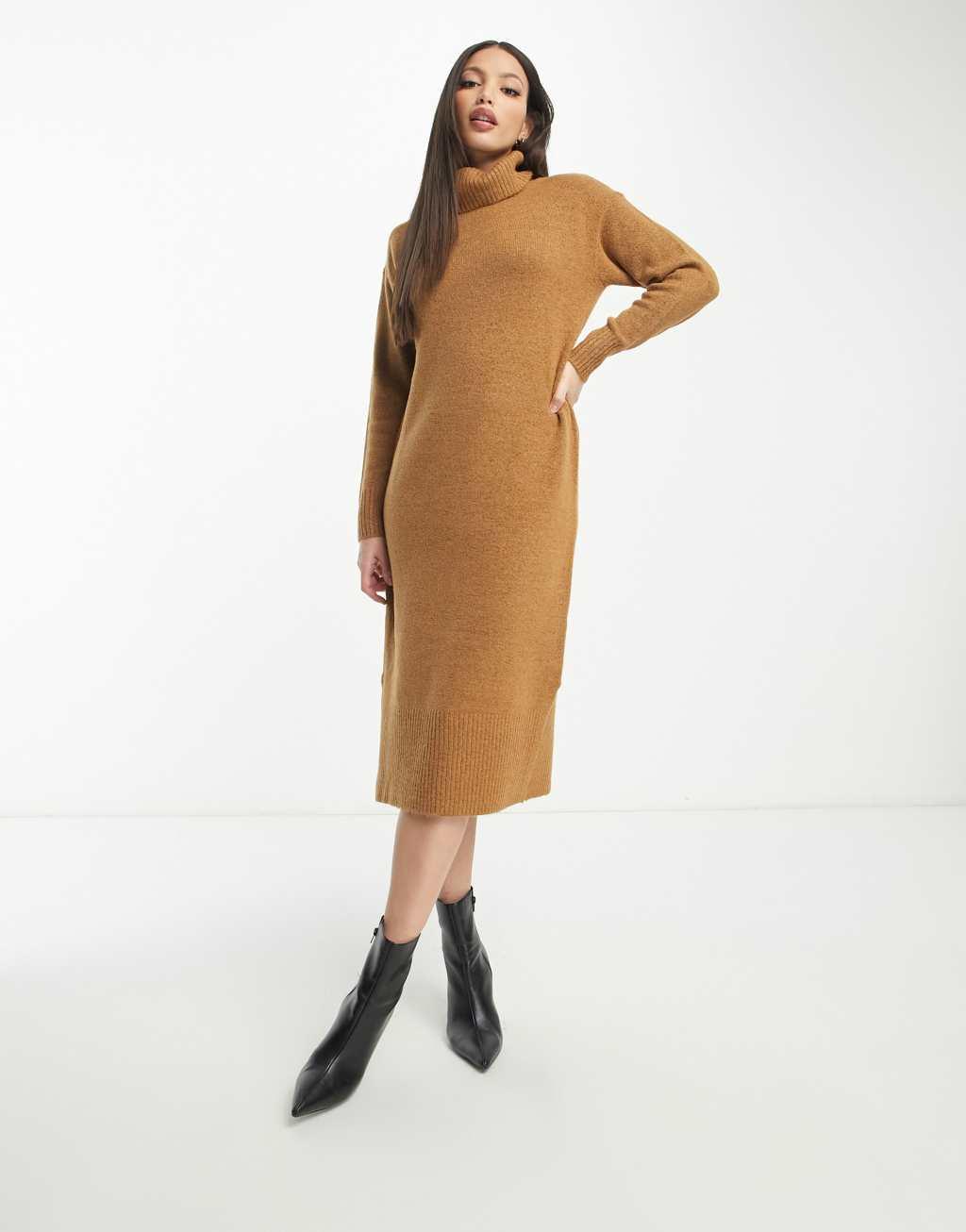 New Look Tall roll neck knitted midi dress in brown Product Image