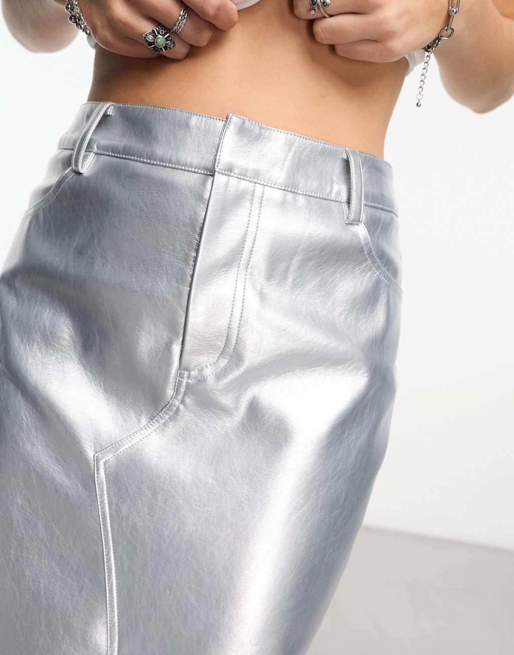 ASOS DESIGN faux leather maxi skirt with front split in silver metallic Product Image