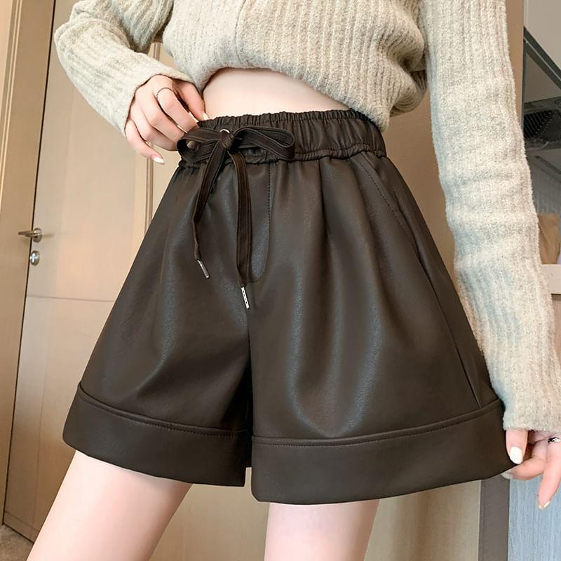 High Waist Plain Faux Leather Wide Leg Shorts Product Image