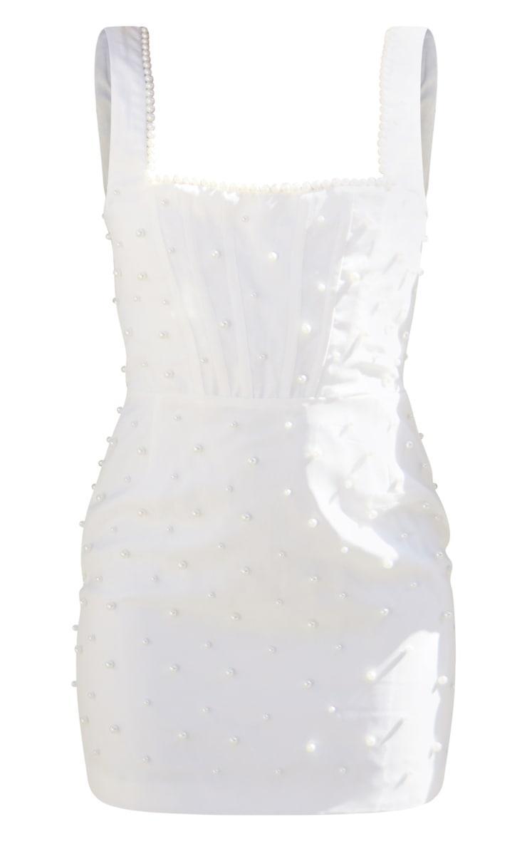 BRIDAL White Corset Pearl Trim Bodycon Dress Product Image