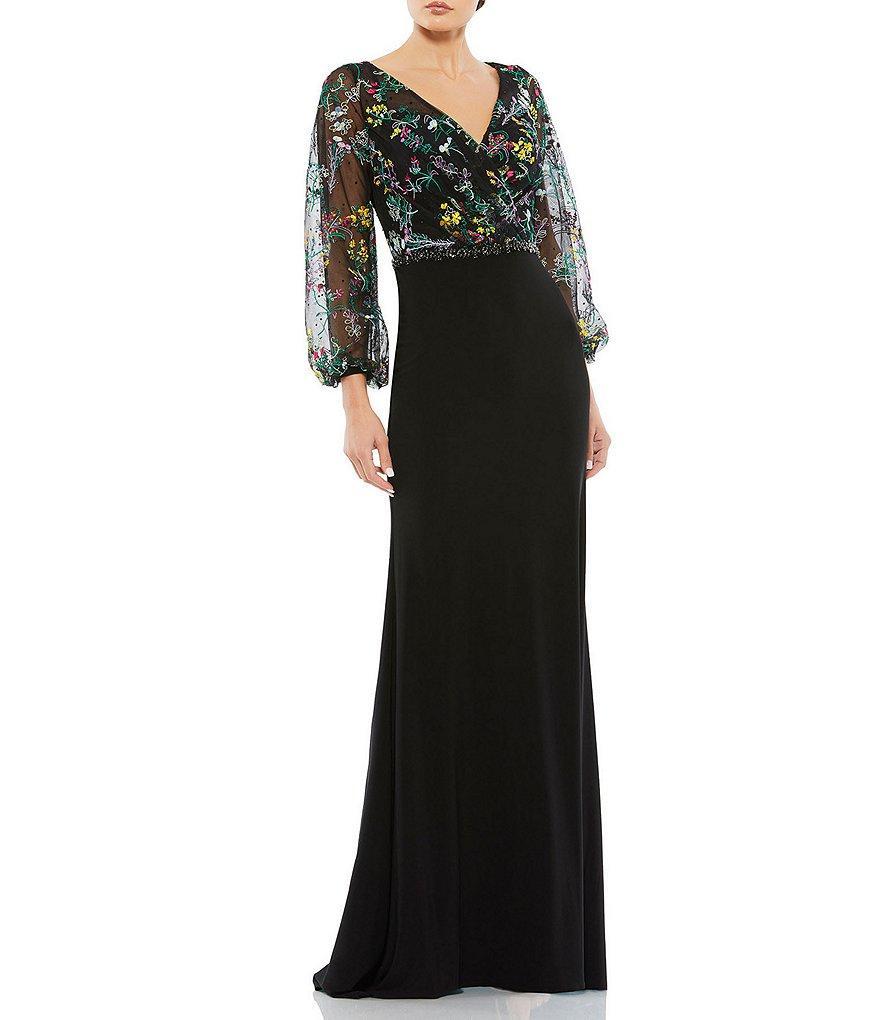 Mac Duggal Floral Embroidered Surplice V-Neck Long Puff Sleeve Gown Product Image