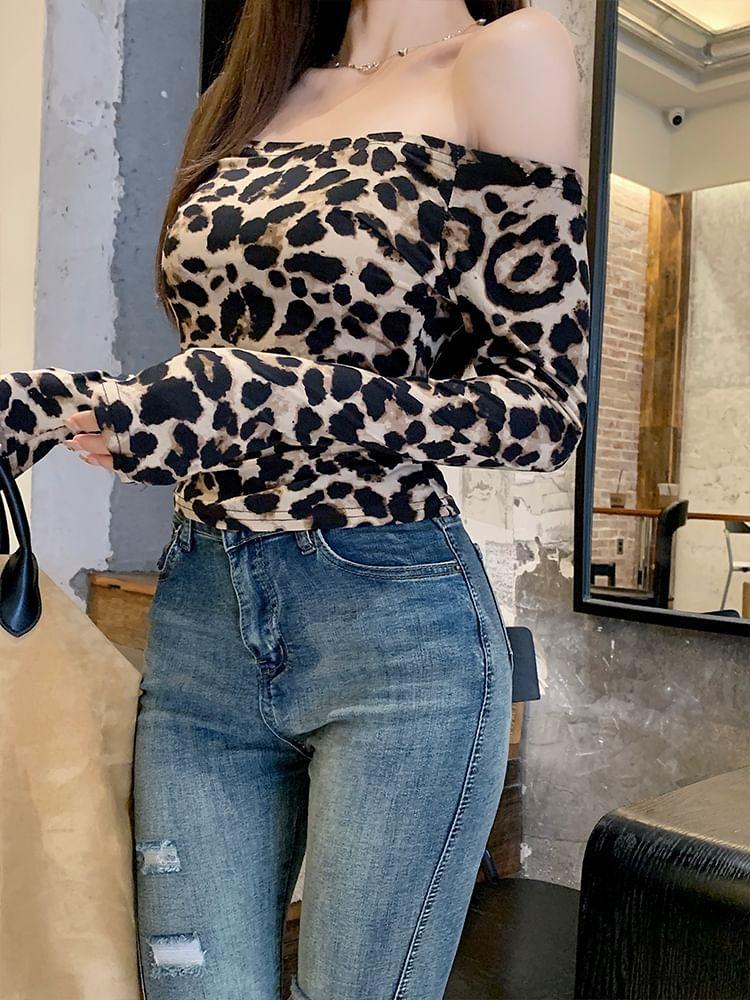 Off-Shoulder Long-Sleeve Leopard Print Tee Product Image