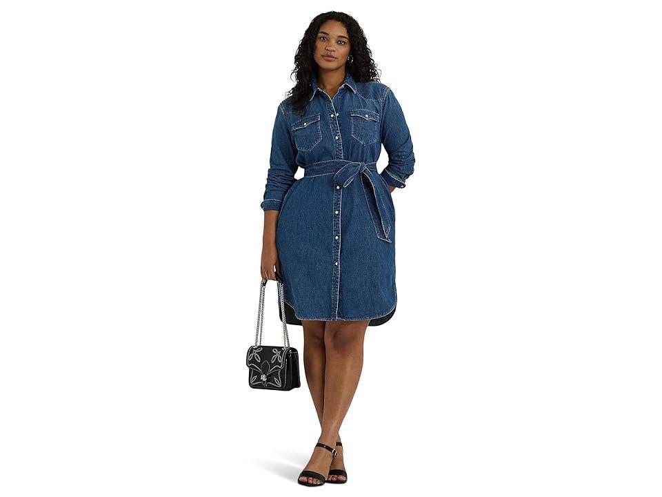 LAUREN Ralph Lauren Plus Size Belted Denim Shirtdress (Stormee Wash) Women's Dress product image