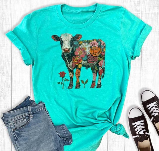 Rebel Rose® Ladies' S/S Turquoise Western Floral Cow T-Shirt Product Image