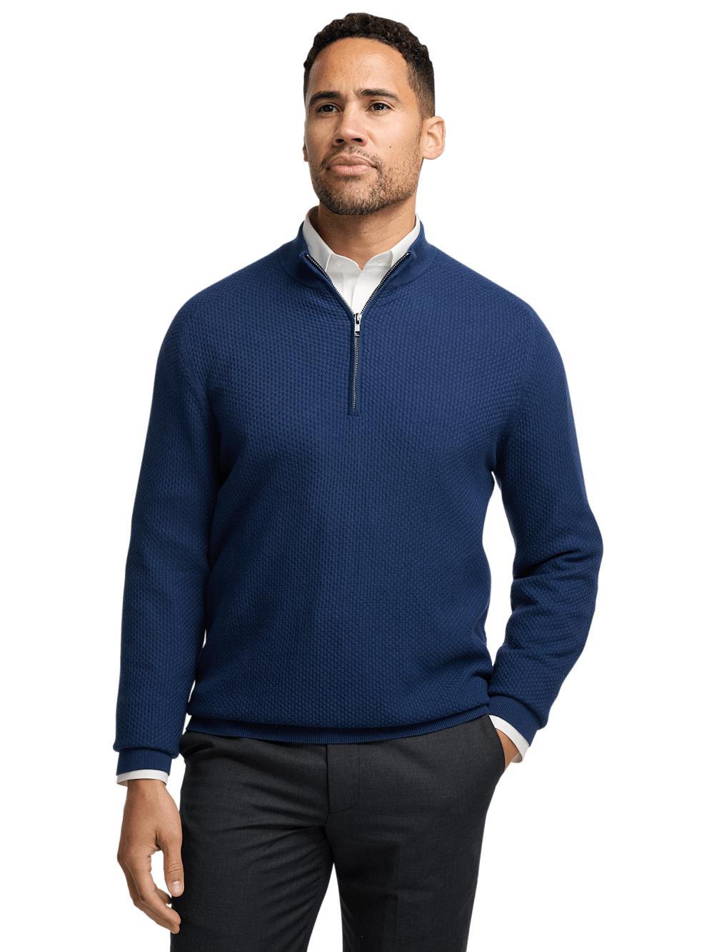 Silk Cotton Cashmere Quarter Zip Mock Neck Sweater - Navy Product Image