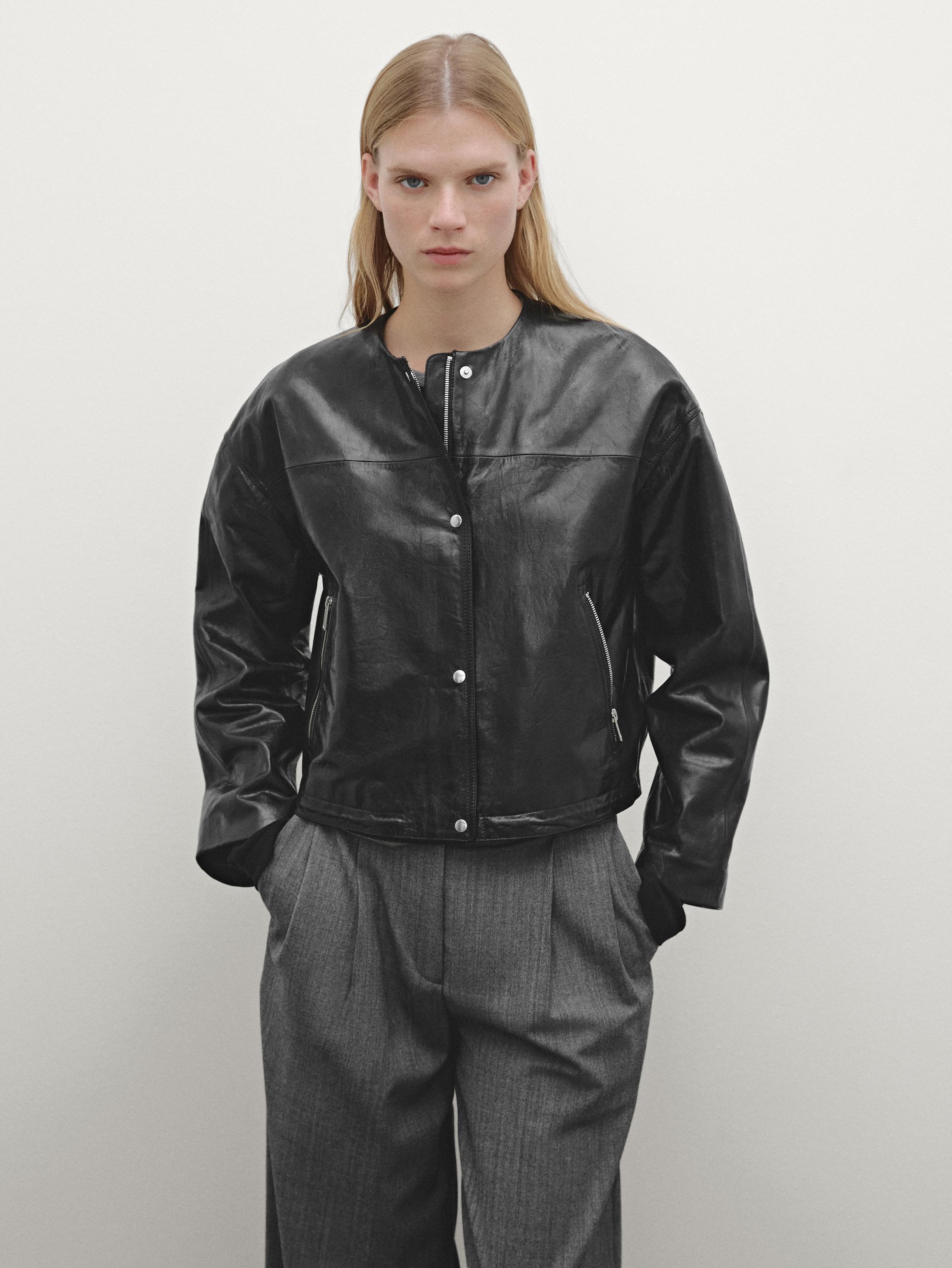 Crew neck nappa leather jacket · Black · Skirts  | Massimo Dutti Product Image