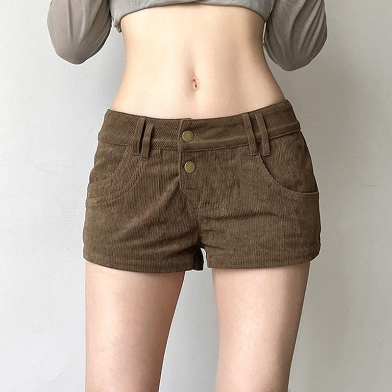 Low Waist Leopard Furry Panel Corduroy Slim-Fit Mini Shorts Product Image