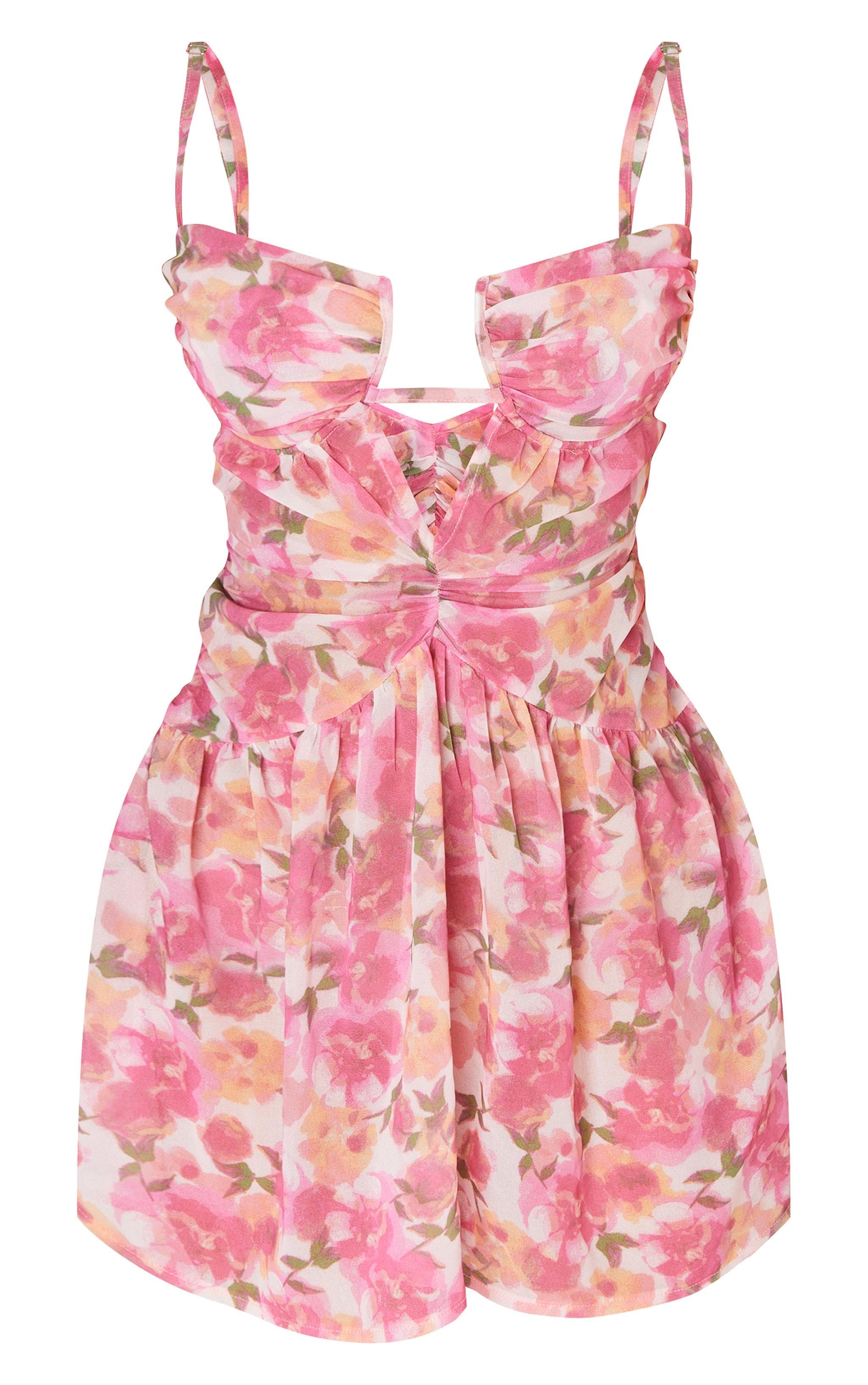 Petite Pink Printed Bust Detail Mini Dress Product Image