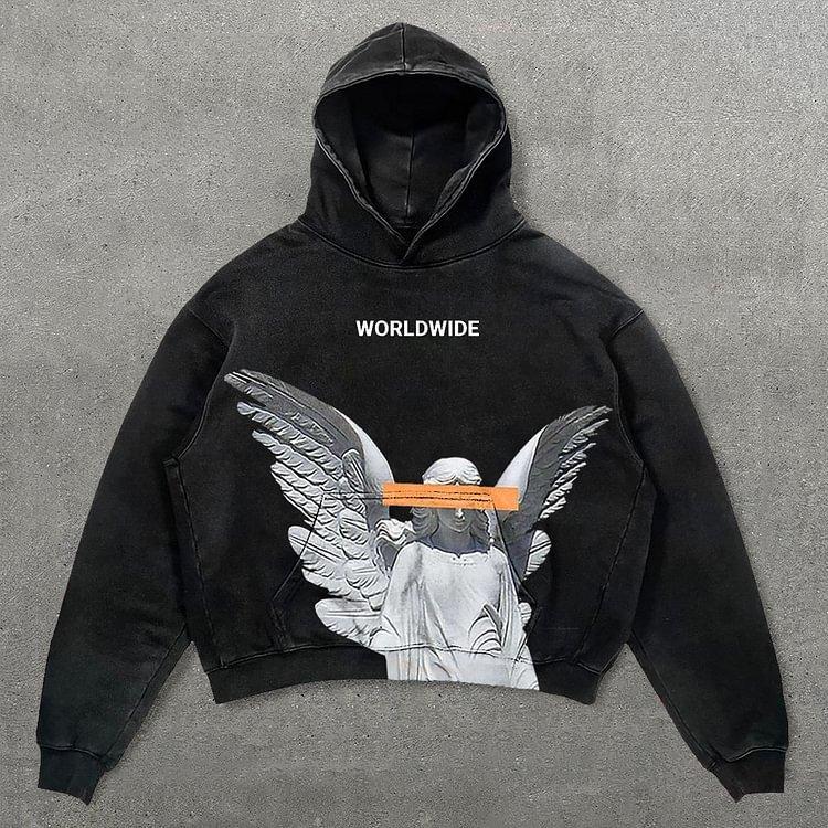 Sopula Vintage World Wide Angel Graphic Acid Washed Oversized Hoodie Product Image