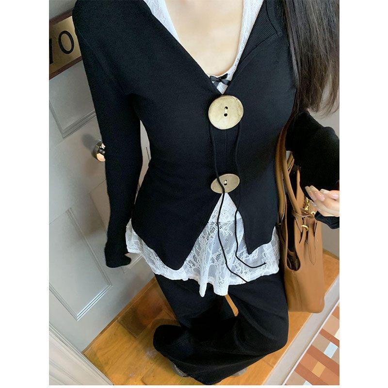 Long Sleeve V-Neck Plain Button Slit Top / Halter Plain Lace Top Product Image