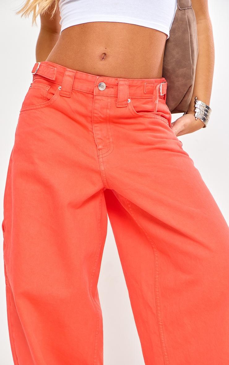 Bright Orange Adjustable Detail Wide Leg Denim Jeans Product Image