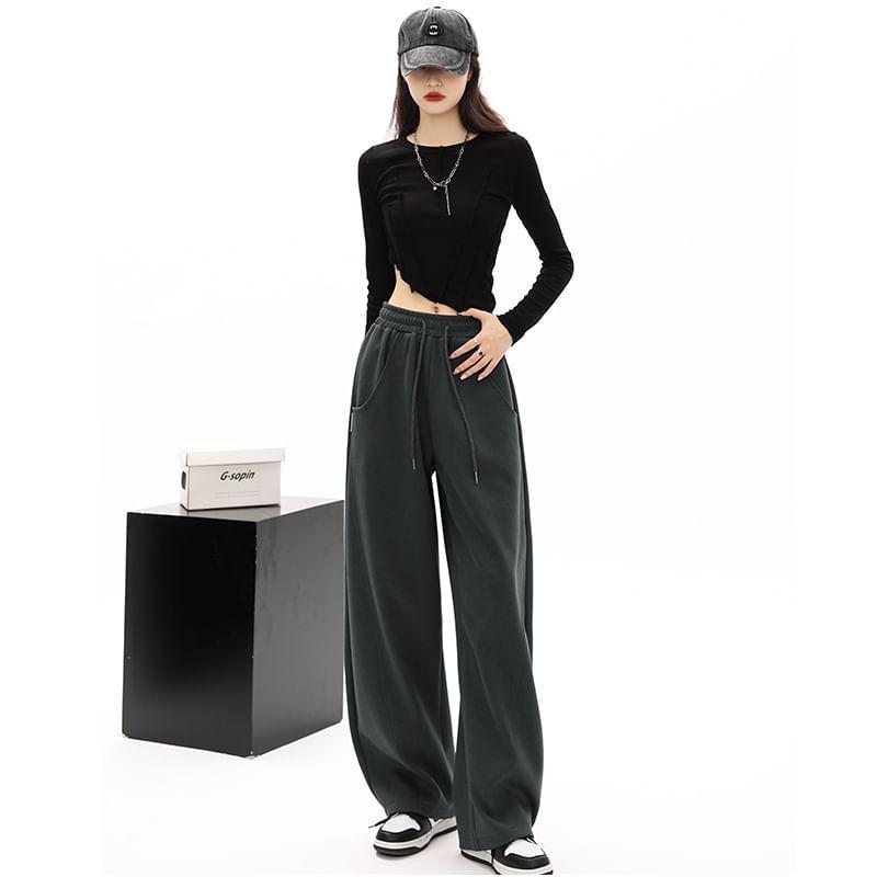 Mid-Waist Drawstring Pocketed Wide-Leg Plain Sweatpants Product Image