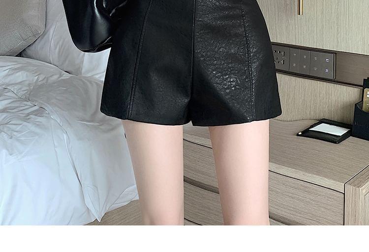 High Waist Plain Faux Leather Wide Leg Shorts Product Image