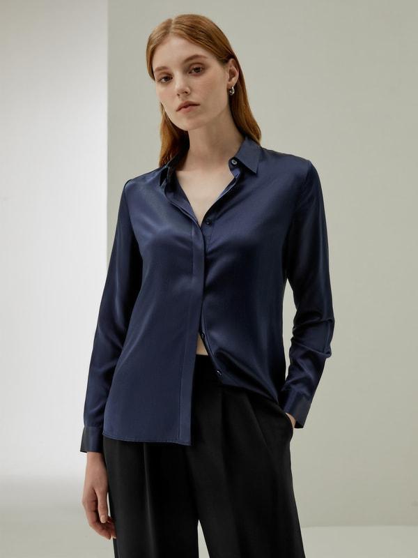 Basic Concealed Placket Silk Shirt Product Image