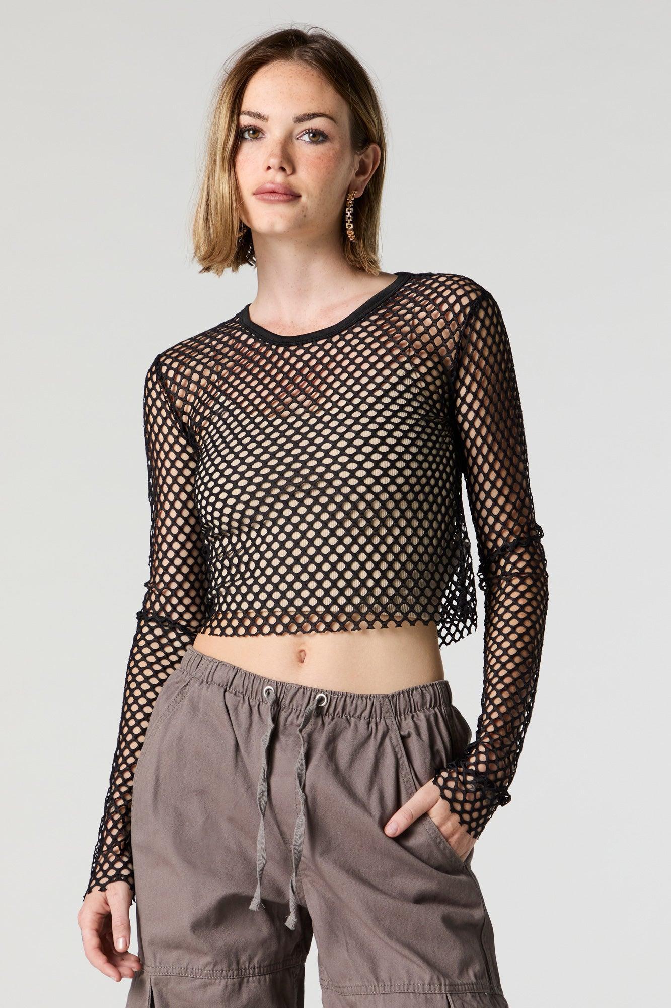 Wide Fishnet Long Sleeve Crop Top Female Product Image