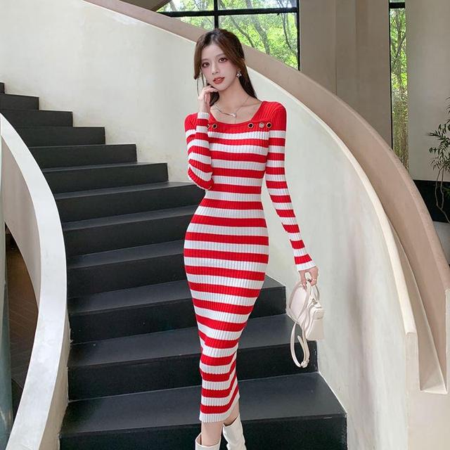 Long-Sleeve Square Neck Striped Button Accent Midi Sheath Knit Dress Product Image