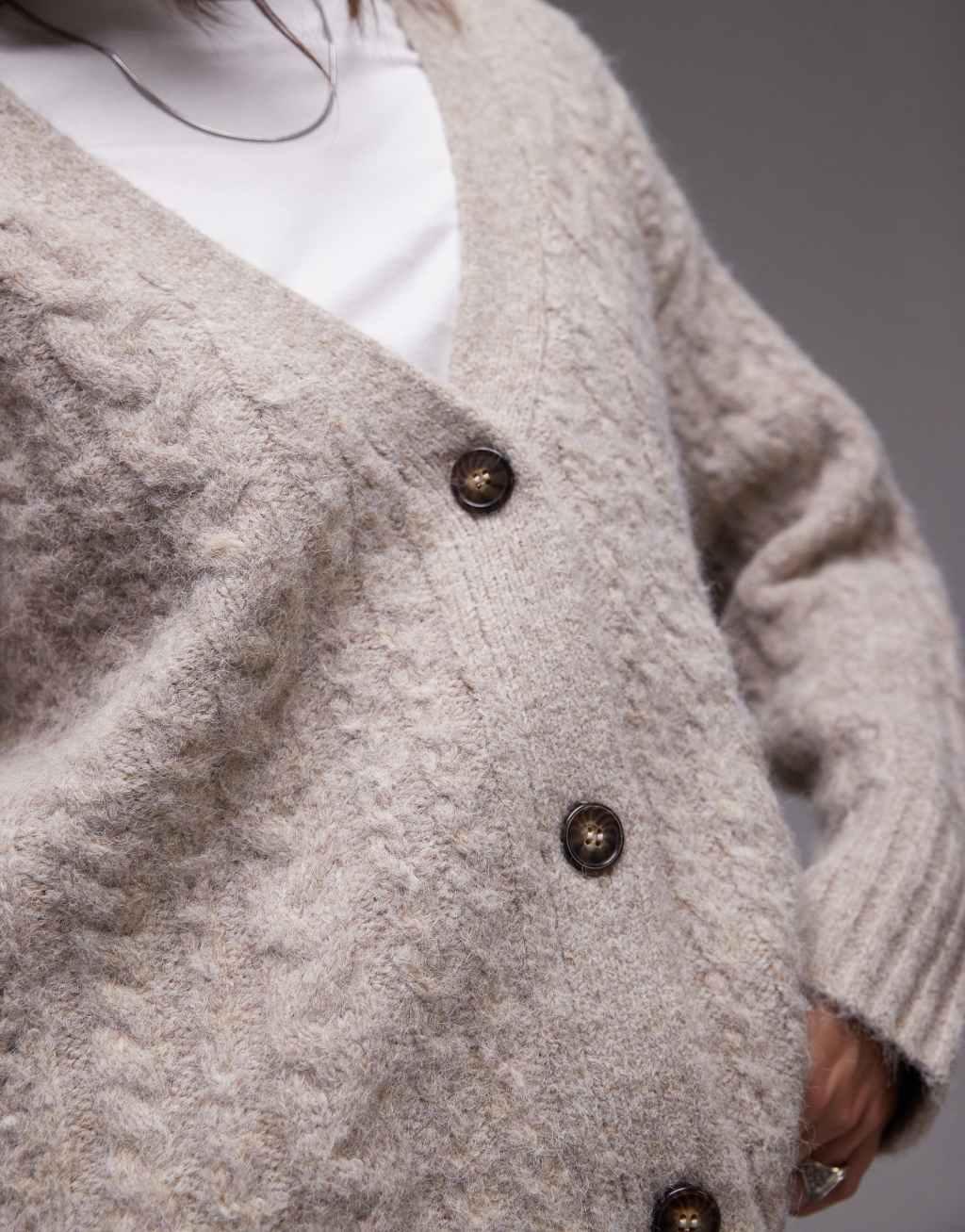 Topshop knitted v-neck cable detail relaxed cardigan in oat Product Image