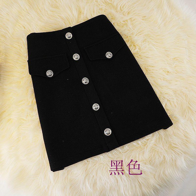 High Rise Plain Button-Up Mini A-Line Skirt Product Image