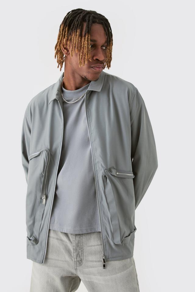 Mens Grey Tall Technical Stretch Harrington Asymmetrical Jacket, Grey Product Image