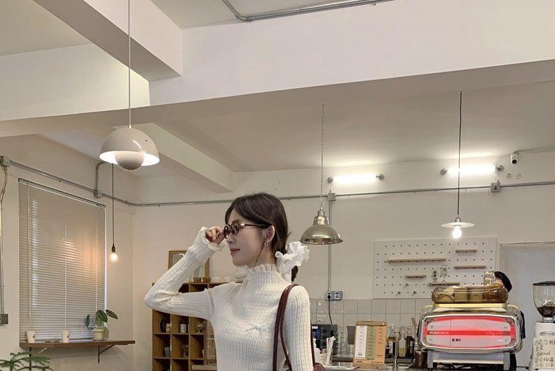 Long-Sleeve Mock Neck Lace Trim Ribbed Top Product Image