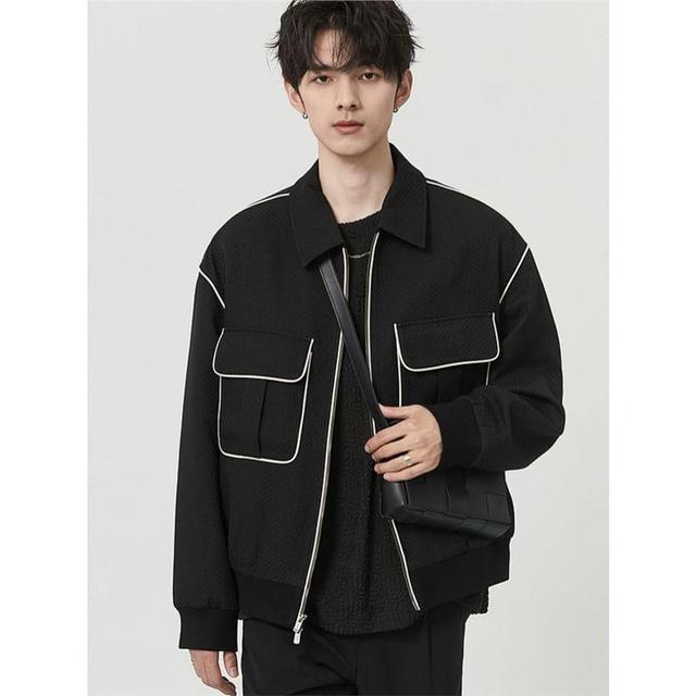 Collared Contrast Trim Zip-Up Jacket Product Image