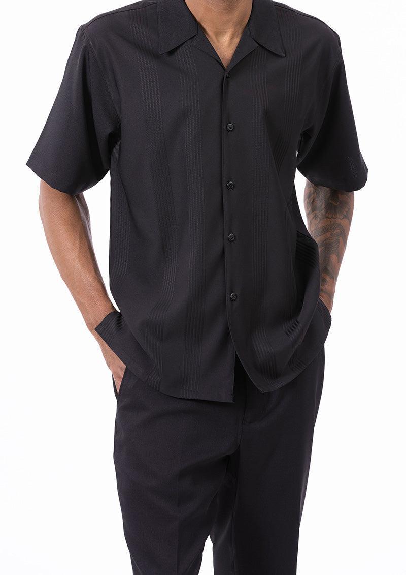 (2XL/42) Black Tone on Tone Vertical Stripes Walking Suit 2 Piece Short Sleeve Set Product Image