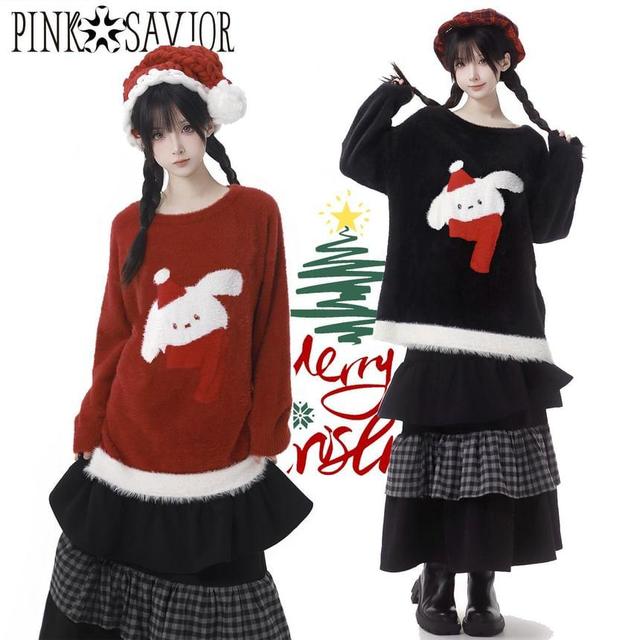 Round Neck Christmas Rabbit Patterned Sweater Product Image