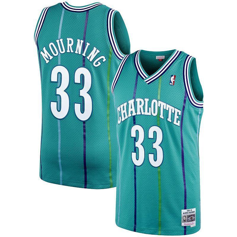 Mens Mitchell & Ness Alonzo Mourning Teal Charlotte Hornets Hardwood Classics Swingman Jersey Product Image