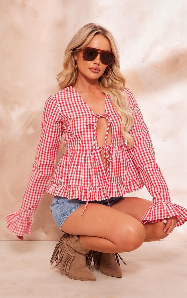 Red Checked Tie Front Flare Sleeve Shirt Product Image