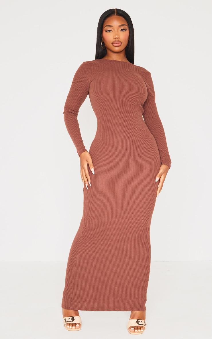 Shape Chocolate Brown Crinkle Rib Low Back Maxi Dress Product Image