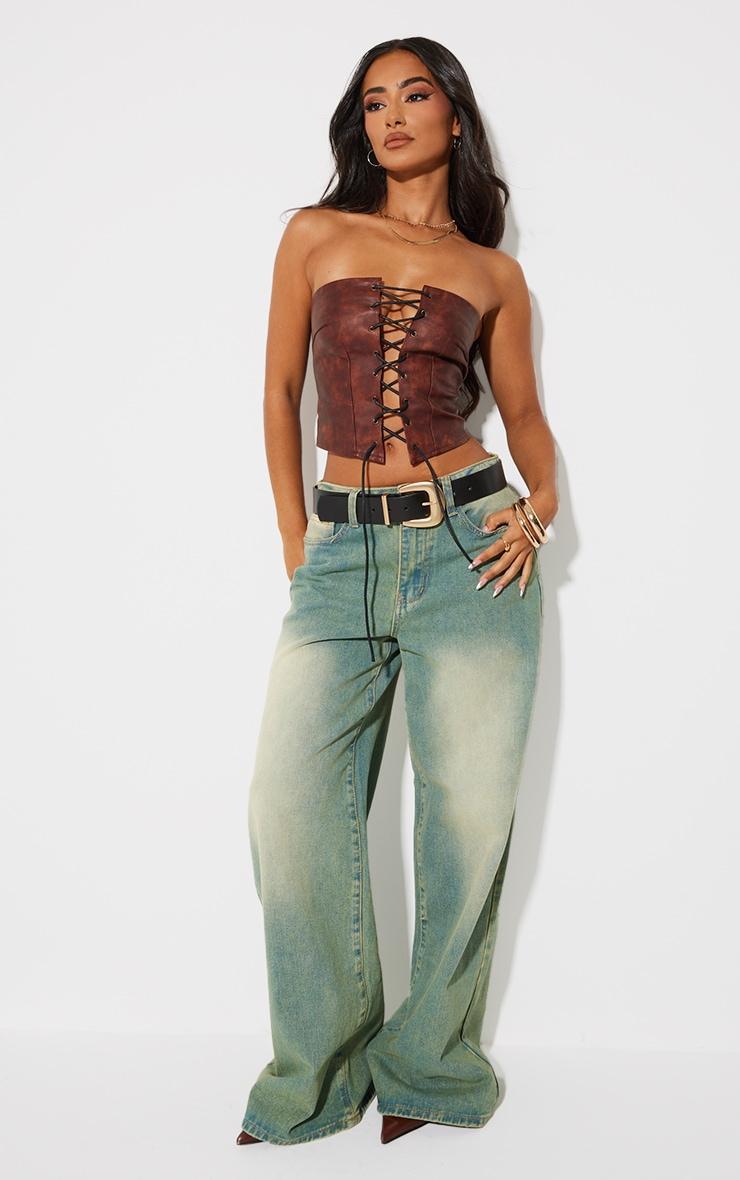 Petite Washed Brown Faux Leather Bandeau Lace Up Corset Top Product Image