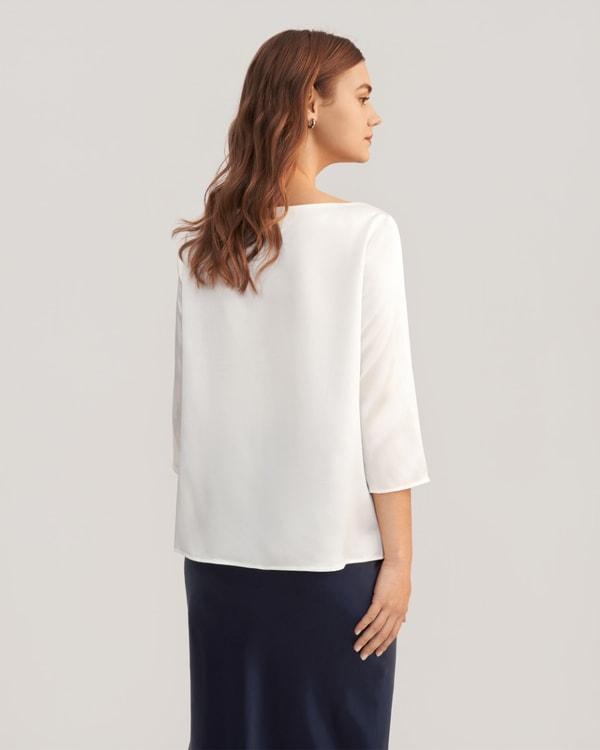 3/4 Sleeve Boat Neck Silk Blouse Product Image