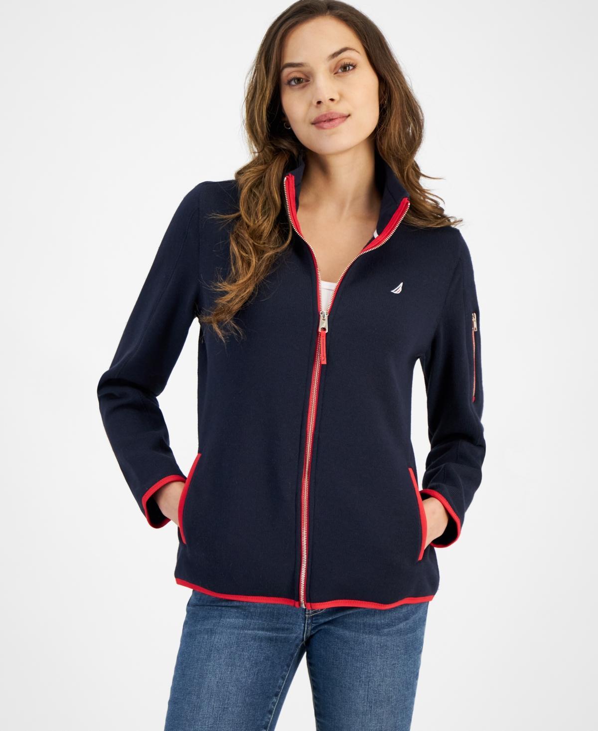 Nautica Jeans Womens Piping-Trim Sweater-Fleece Jacket Product Image