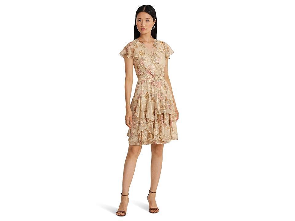 LAUREN Ralph Lauren Floral Metallic Chiffon Cocktail Dress (Cream ) Women's Dress Product Image