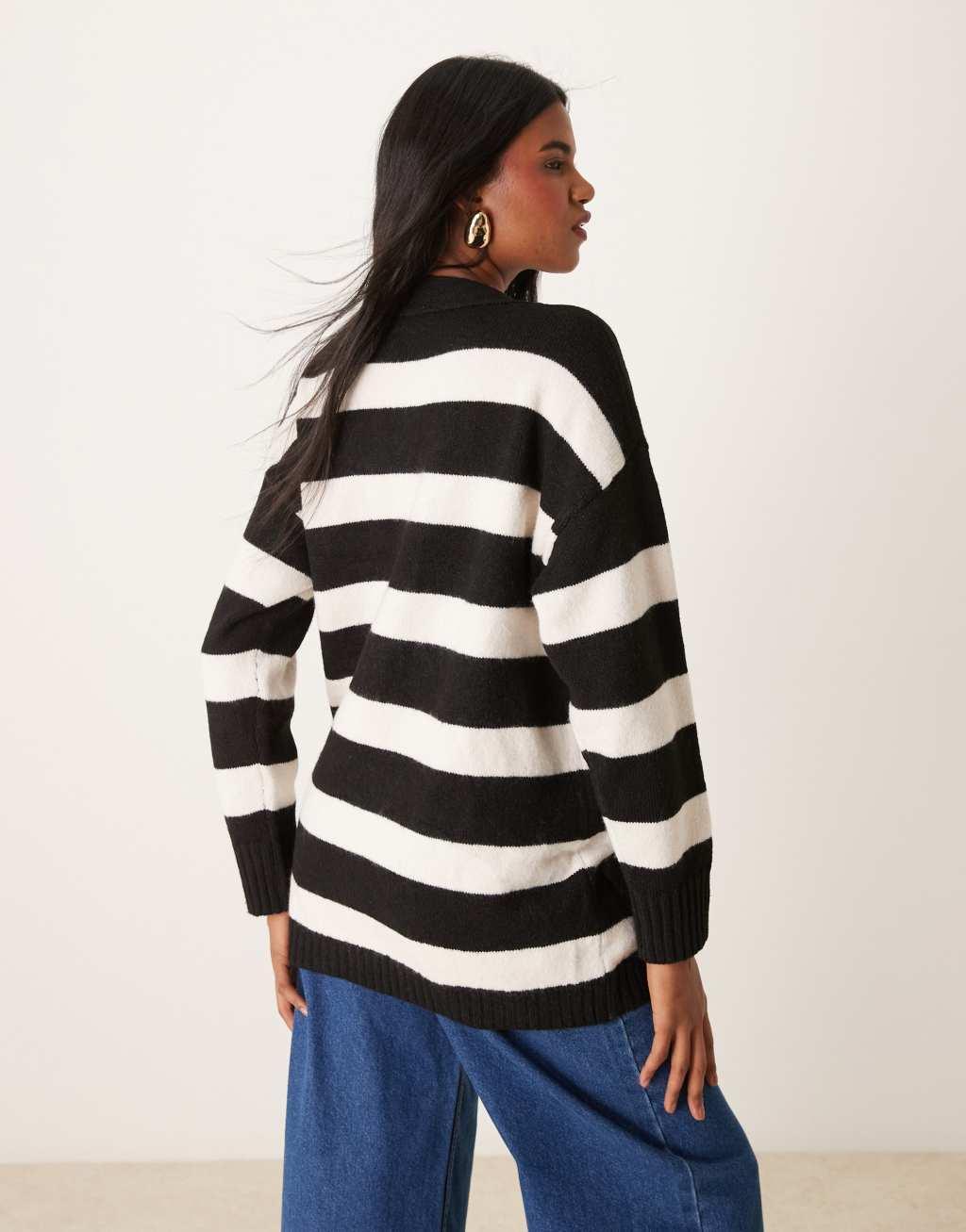 Miss Selfridge mid length cardigan with seam detail in stripe Product Image