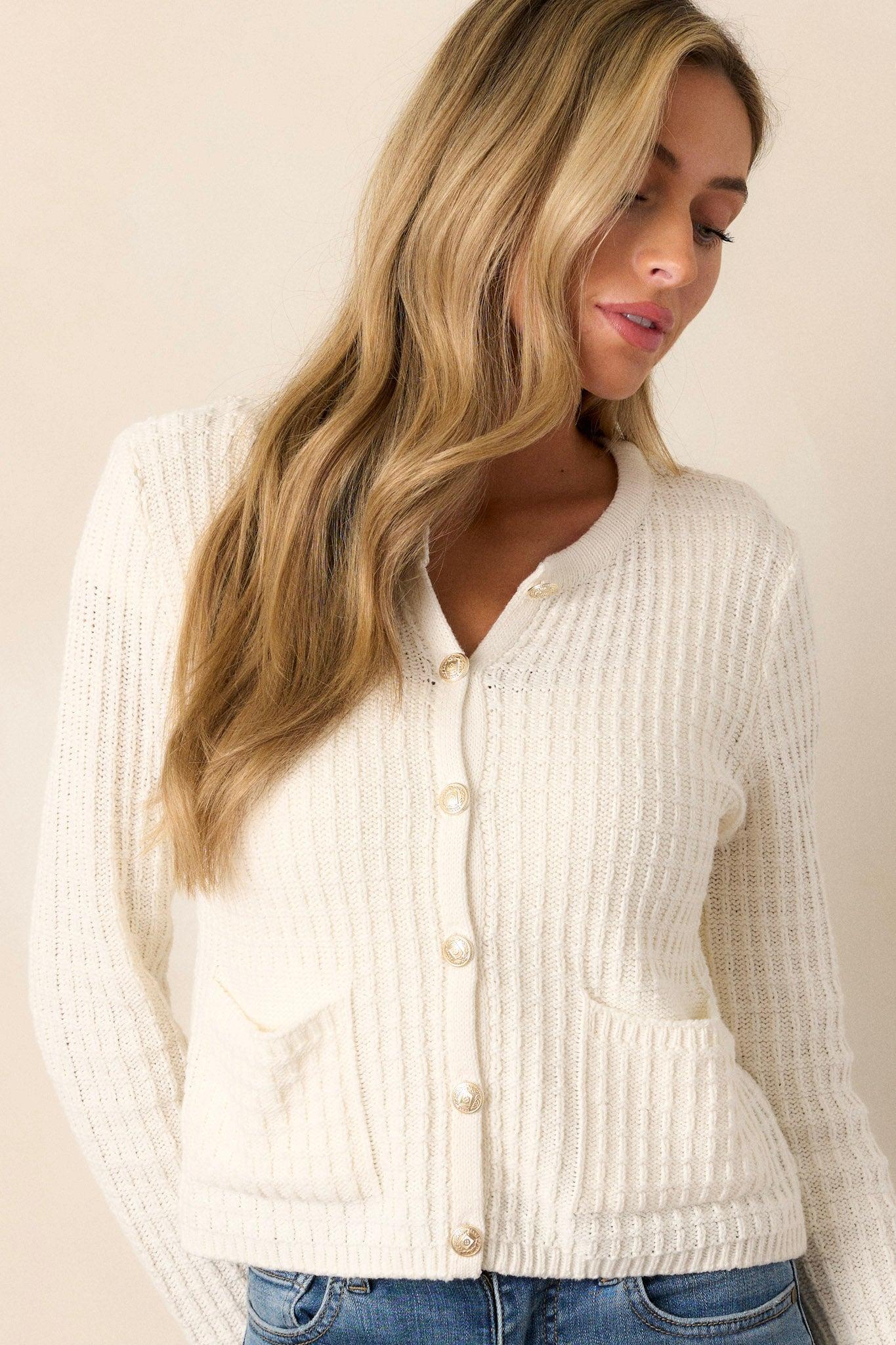 Between The Lines Ivory Waffle Knit Cardigan Product Image