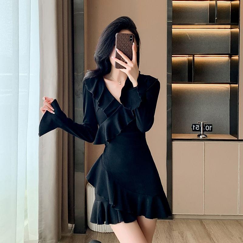 Long Sleeve V-Neck Plain Ruffle Mini A-Line Wrap Dress Product Image